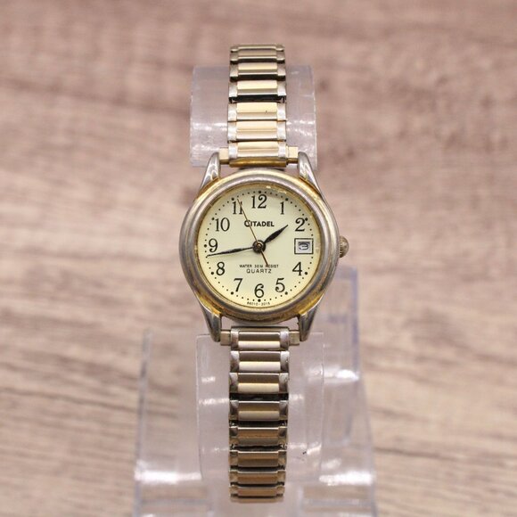 Vintage Citadel Watch Womens Gold Tone Stainless Steel Classic Beige Date Dial - Picture 2 of 8